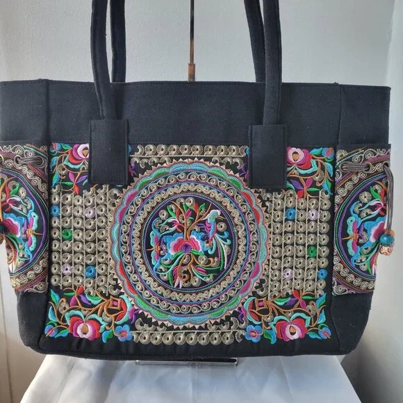 Floral Embroider Ethnic Ladies Large Tote/Shoulder Bag with Wooden Beading - Picture 10 of 12